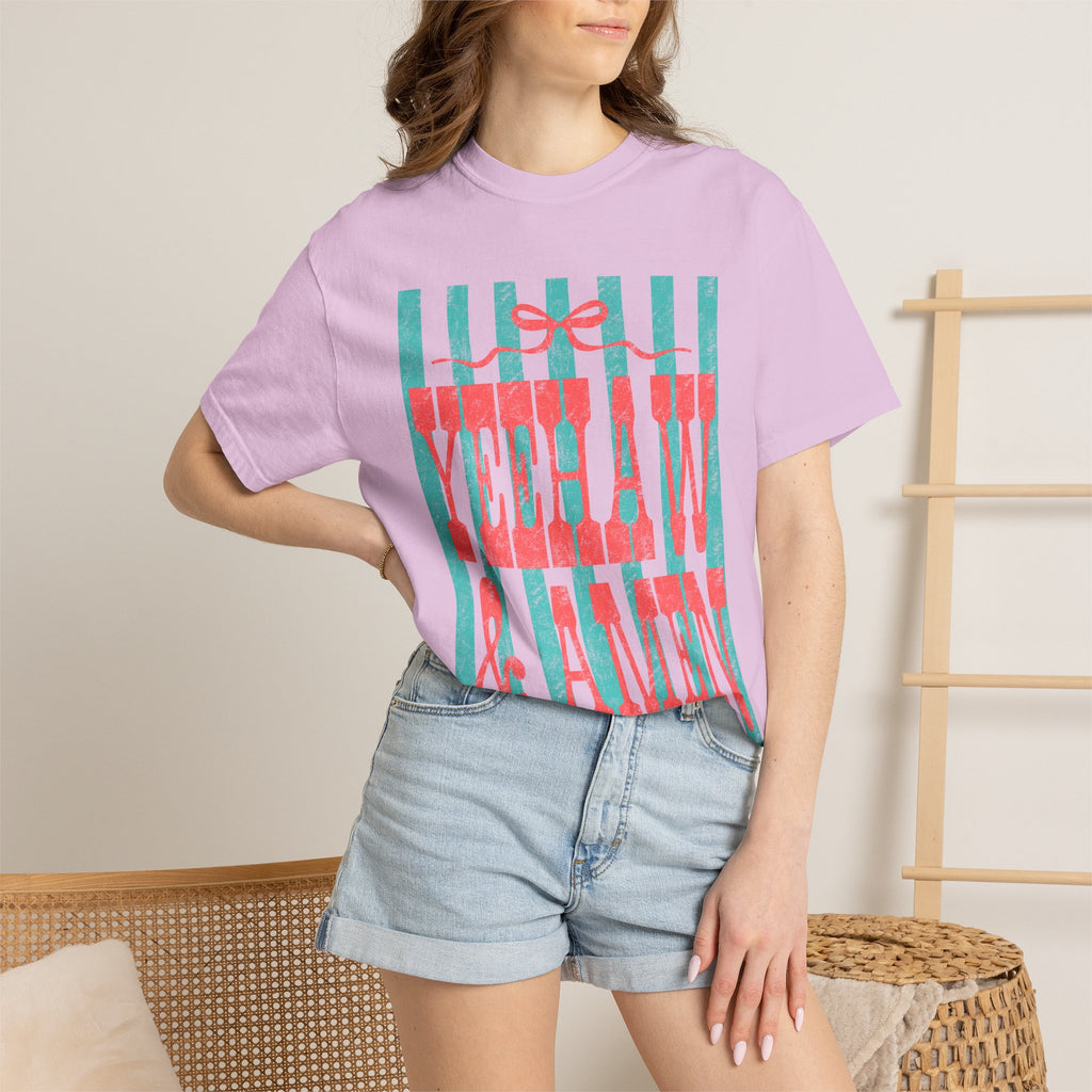 Yeehaw & Amen Graphic T-Shirt — Western Stripes Cowboy Faith Tee