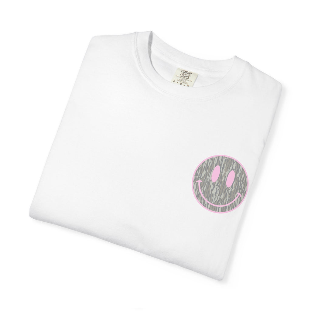 Smiley Camo T-Shirt — Pink Outline Woodland Smile Graphic Tee