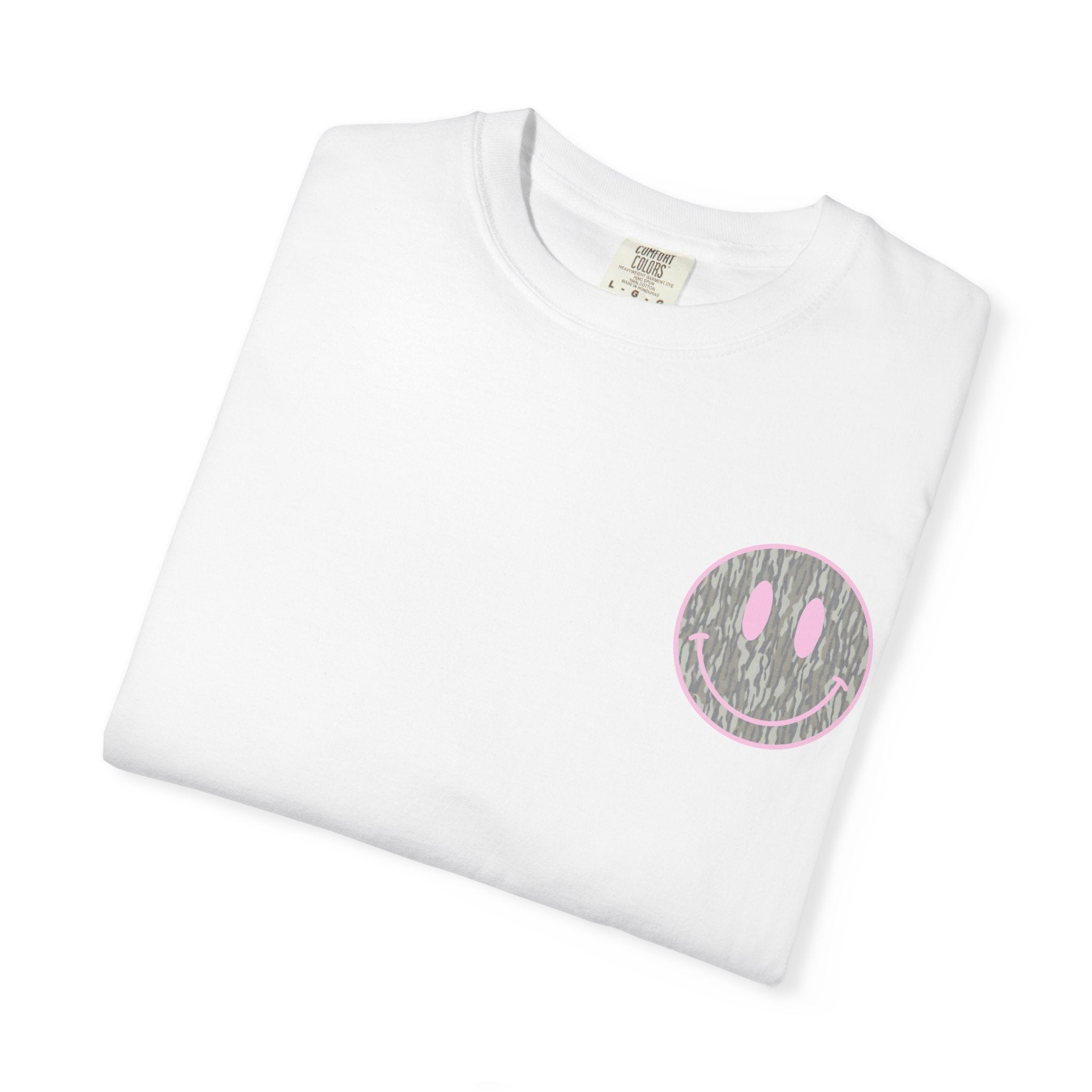 Smiley Camo T-Shirt — Pink Outline Woodland Smile Graphic Tee