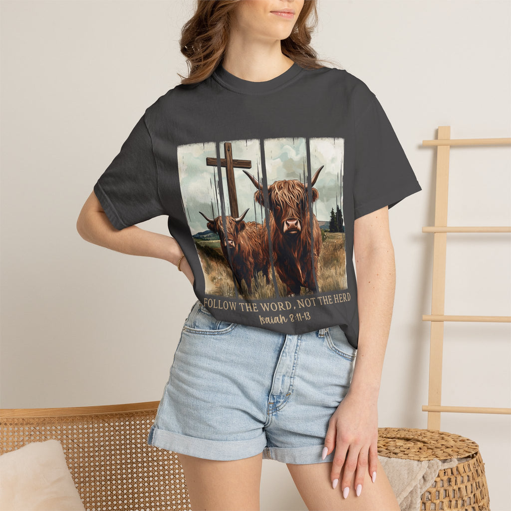 Christian Highland Cow T-Shirt — "Follow the Word, Not the Herd" Faith Tee