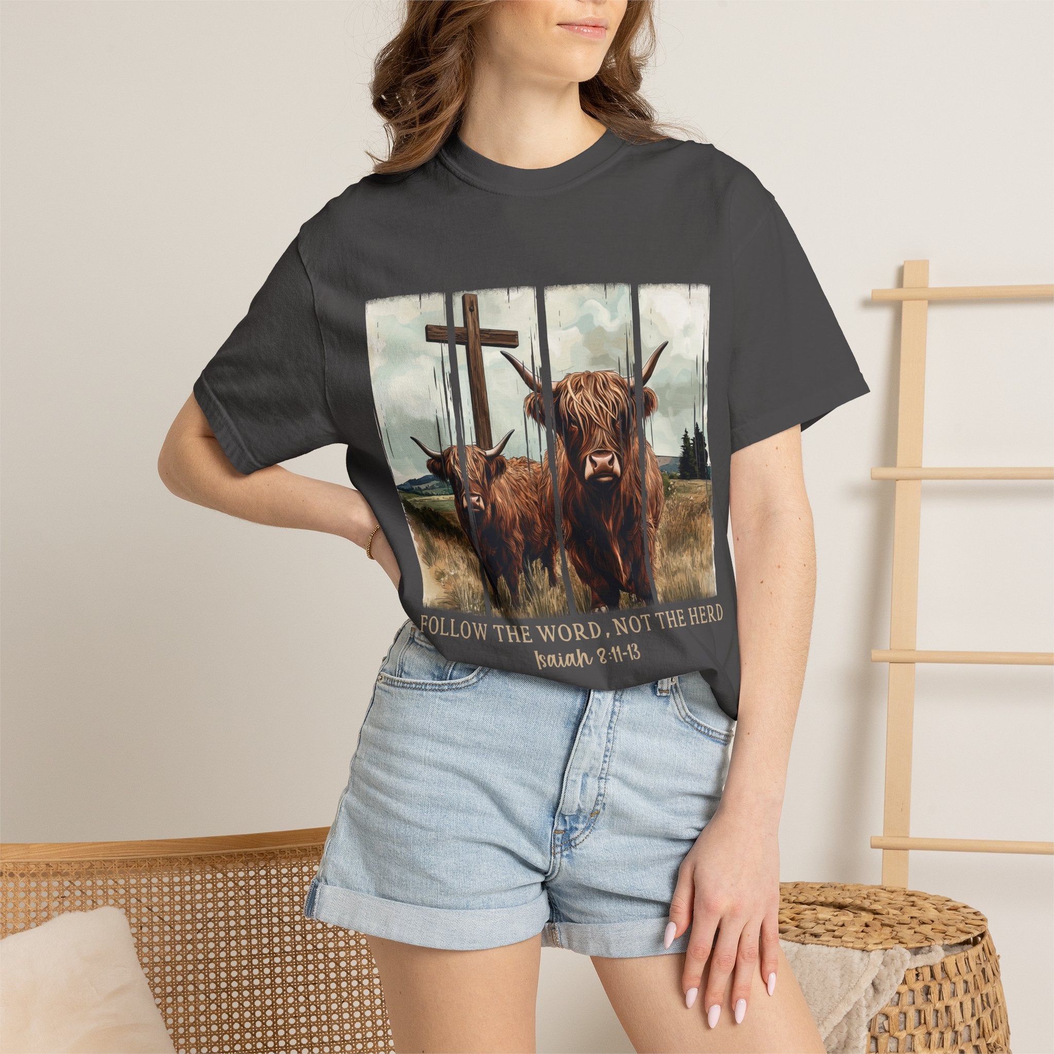 Christian Highland Cow T-Shirt — "Follow the Word, Not the Herd" Faith Tee