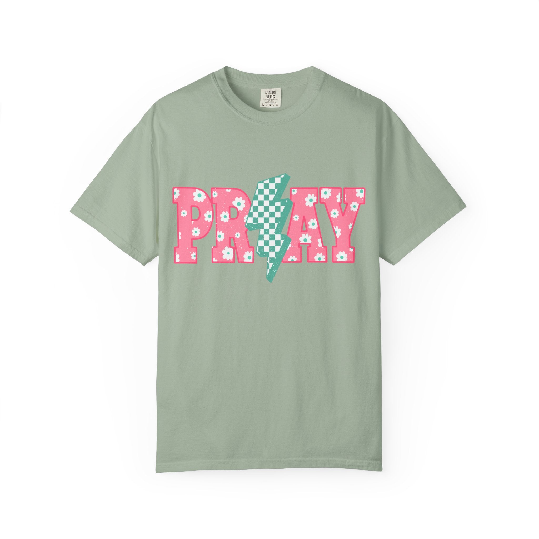 PRAY Lightning Graphic T-Shirt — Floral Pink & Mint Checker Retro Tee