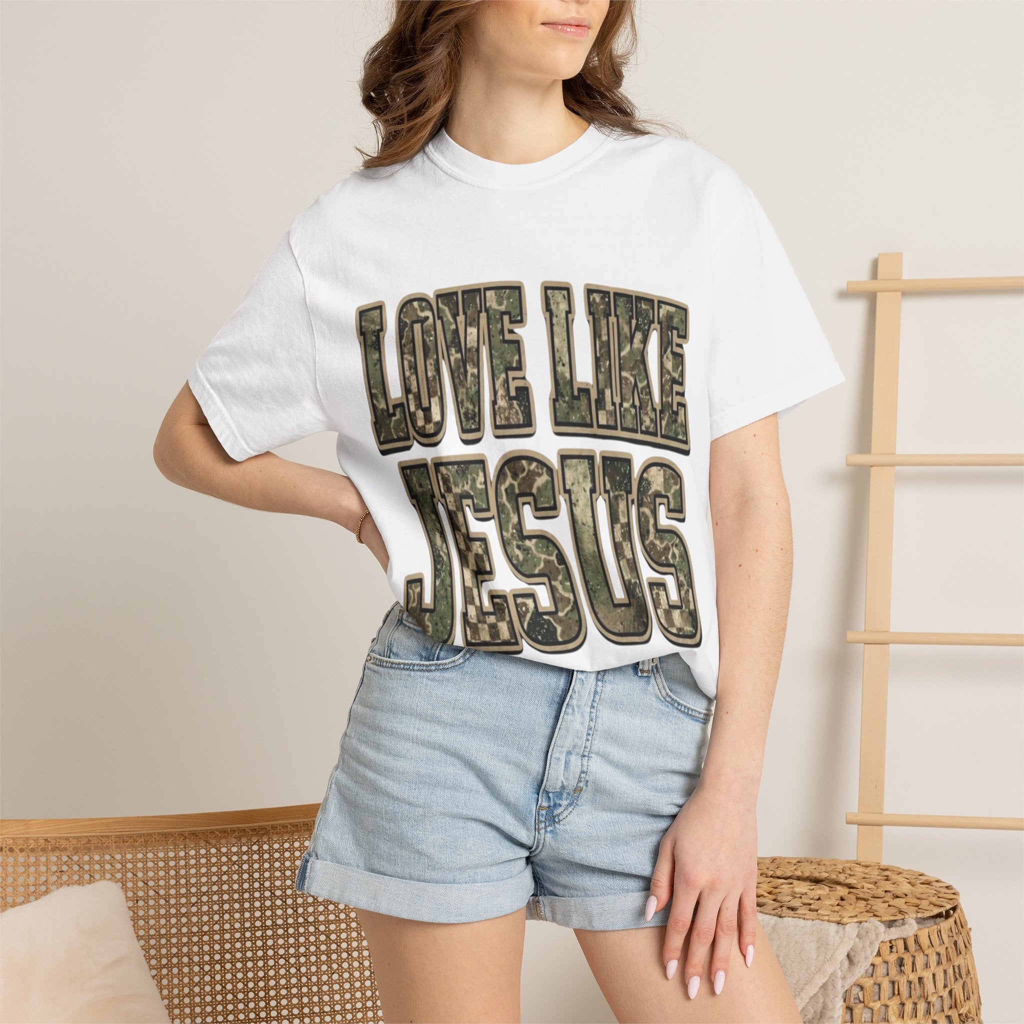 Love Like Jesus camo text T-shirt | Christian faith shirt