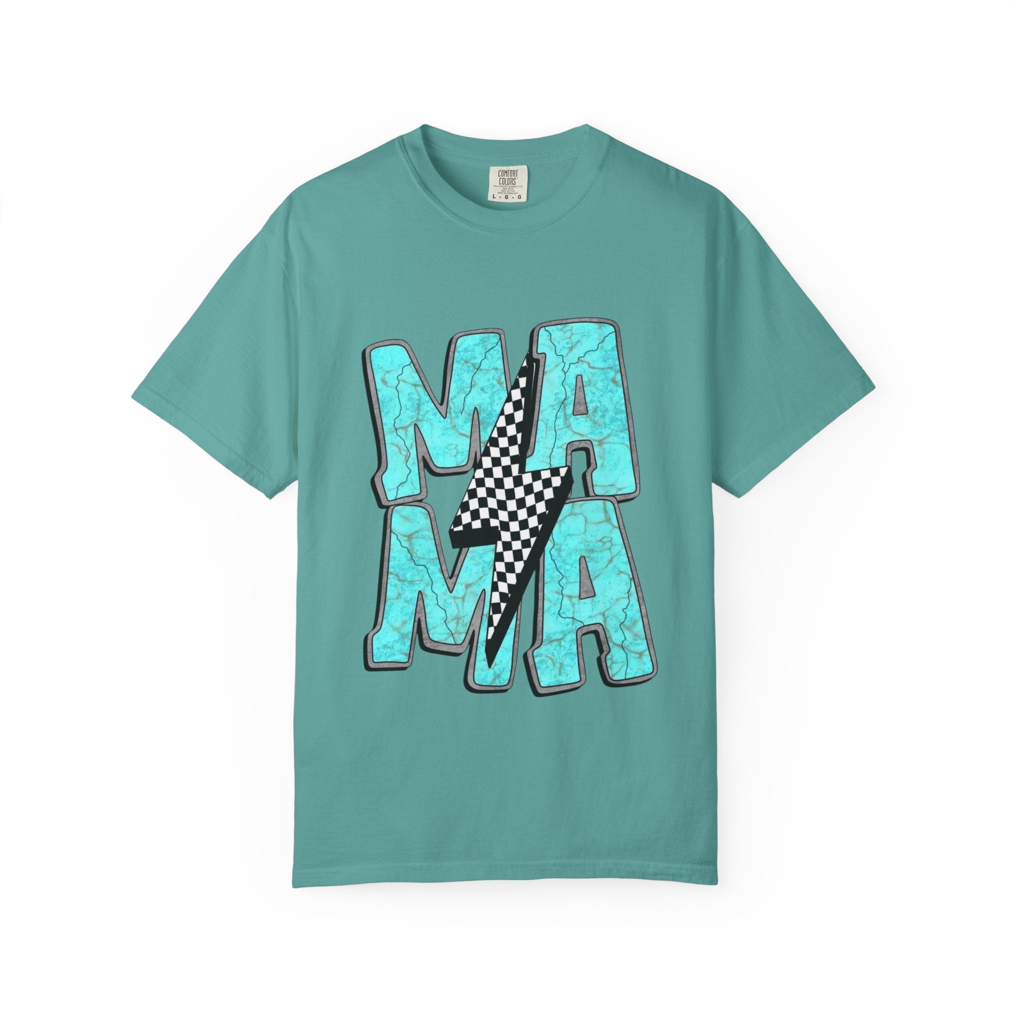 MAMA lightning bolt graphic T-shirt | turquoise marble letters