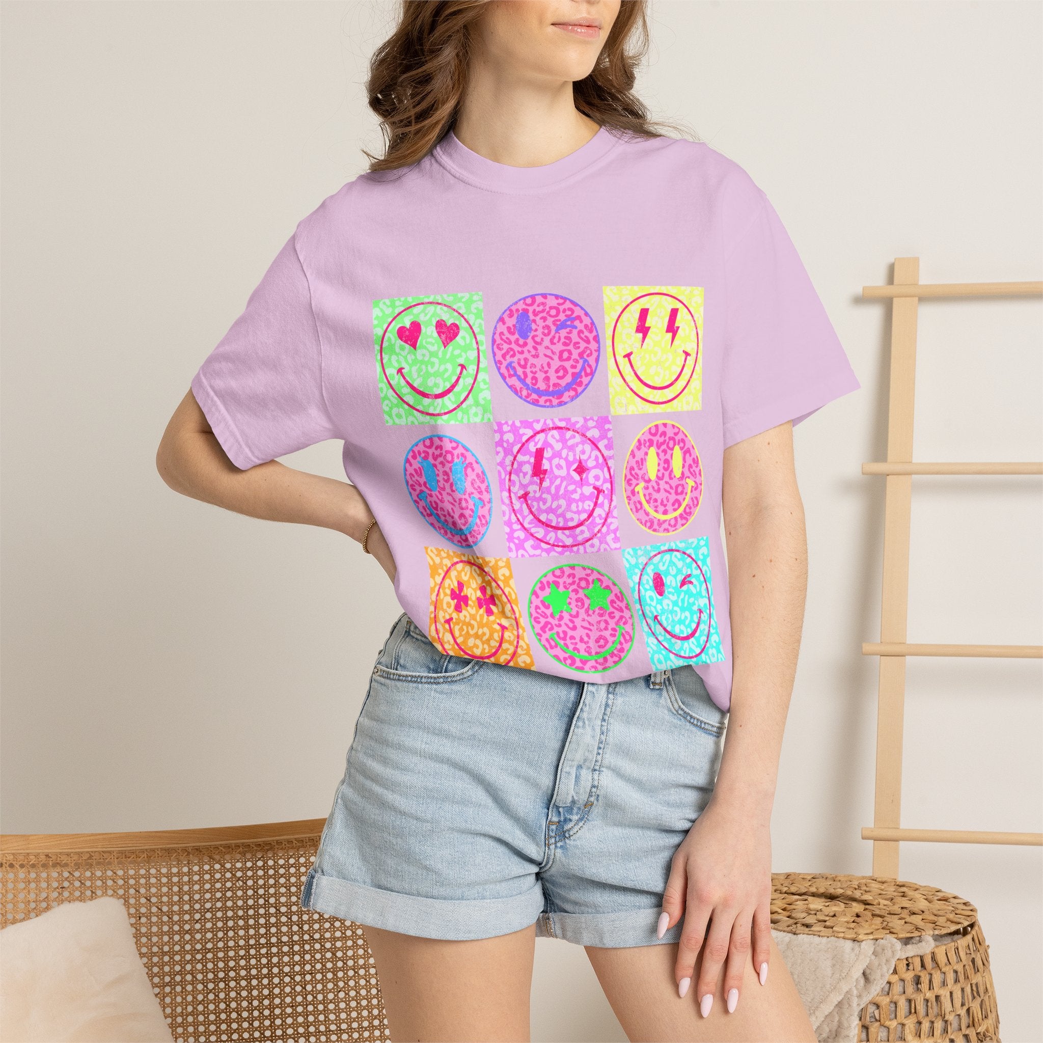 Neon Retro Smiley Grid T-Shirt