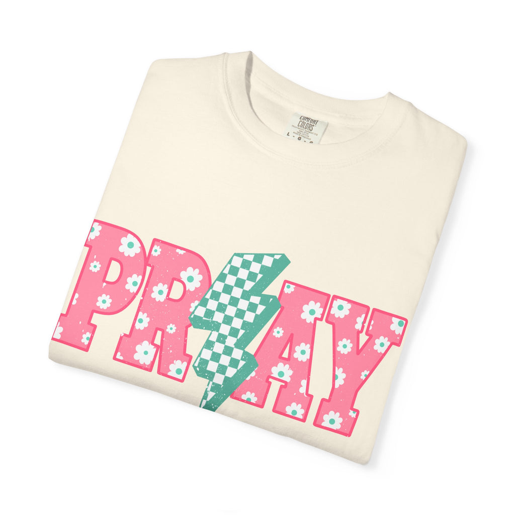 PRAY Lightning Graphic T-Shirt — Floral Pink & Mint Checker Retro Tee