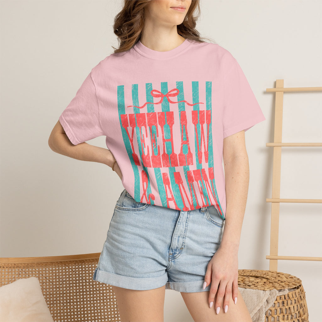 Yeehaw & Amen Graphic T-Shirt — Western Stripes Cowboy Faith Tee