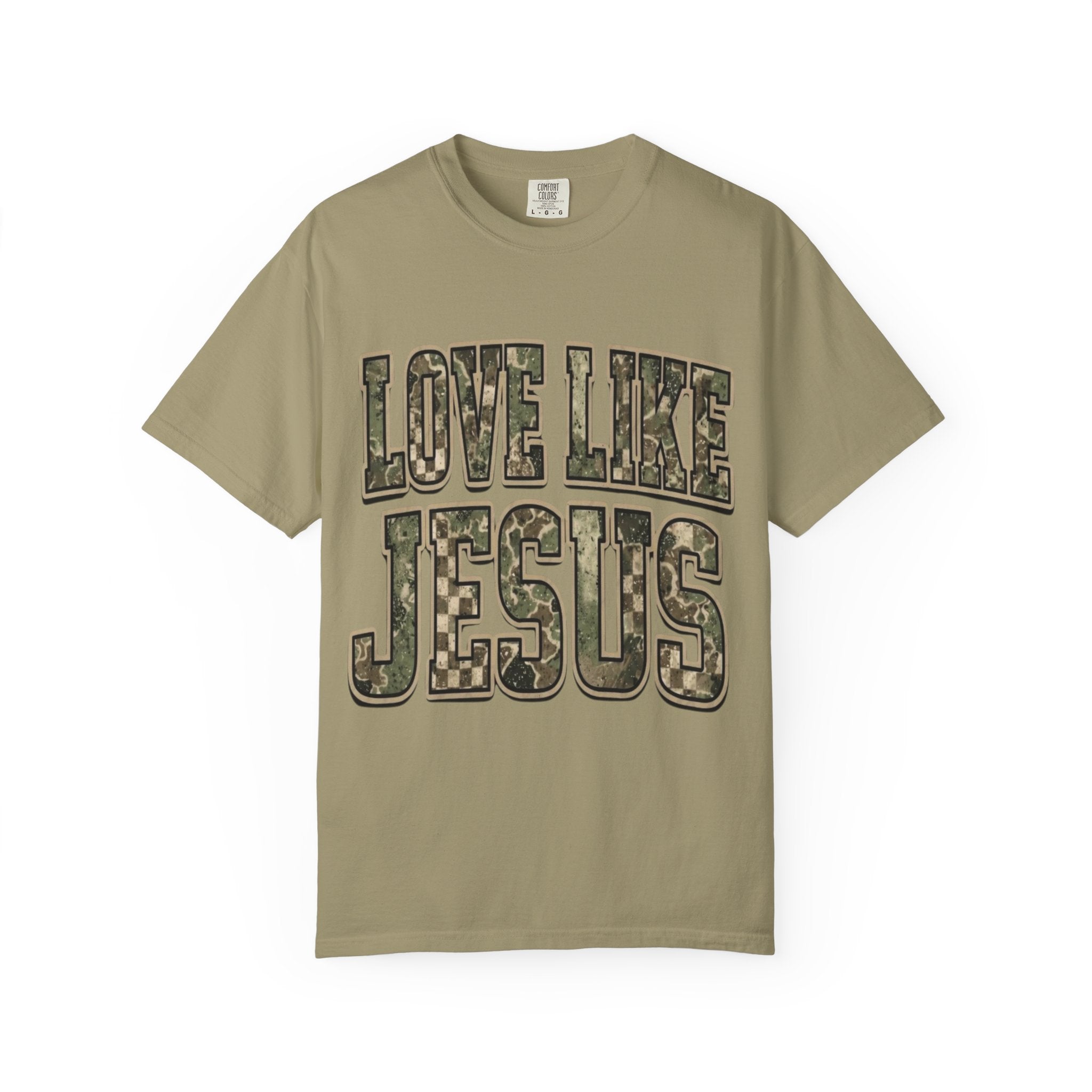 Love Like Jesus camo text T-shirt | Christian faith shirt