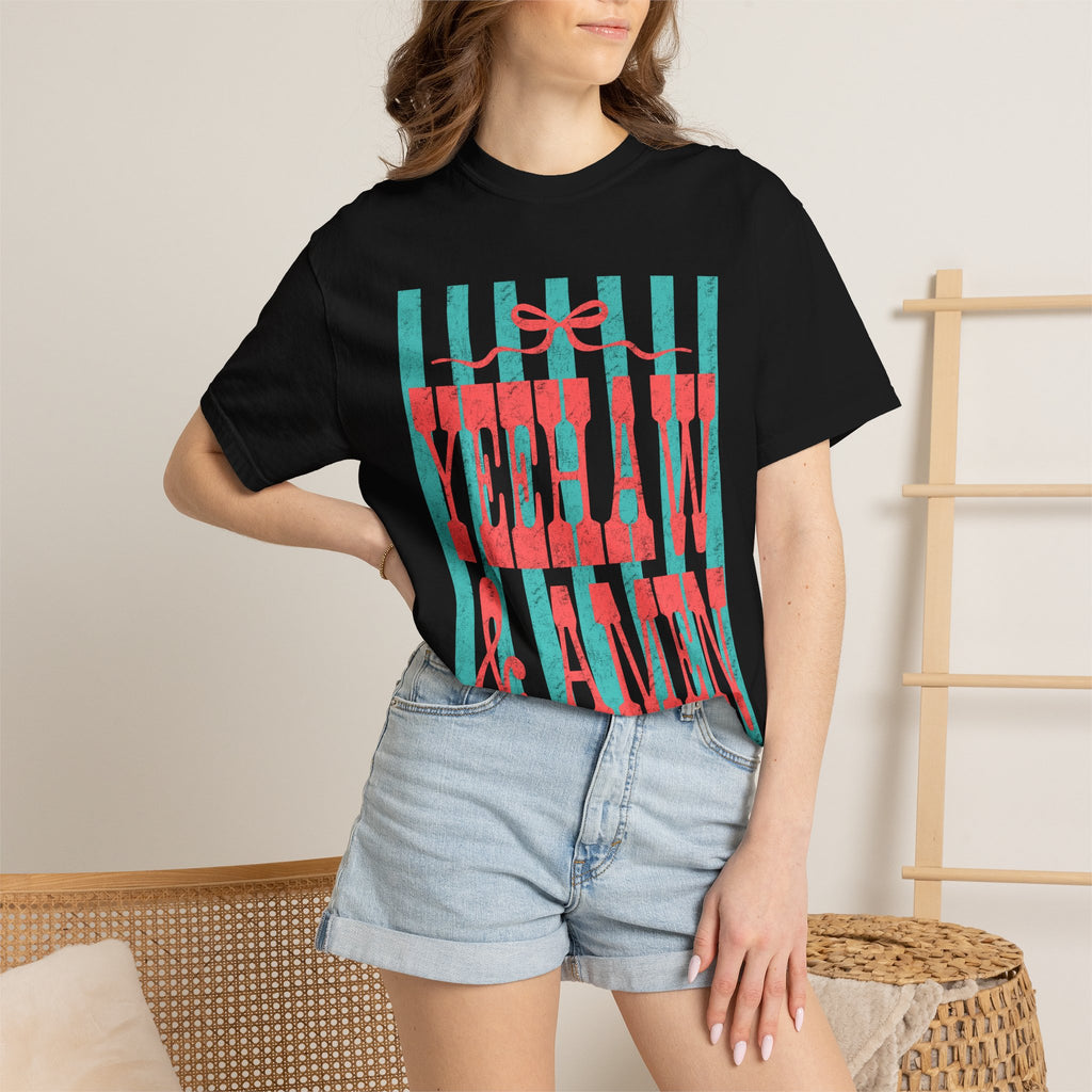 Yeehaw & Amen Graphic T-Shirt — Western Stripes Cowboy Faith Tee