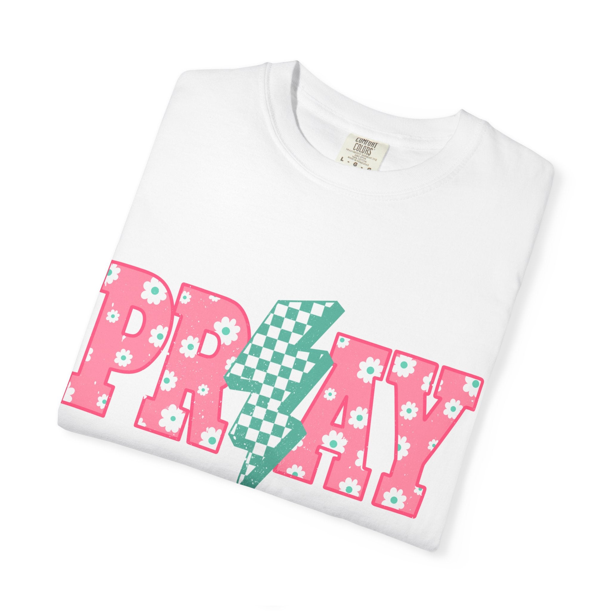 PRAY Lightning Graphic T-Shirt — Floral Pink & Mint Checker Retro Tee