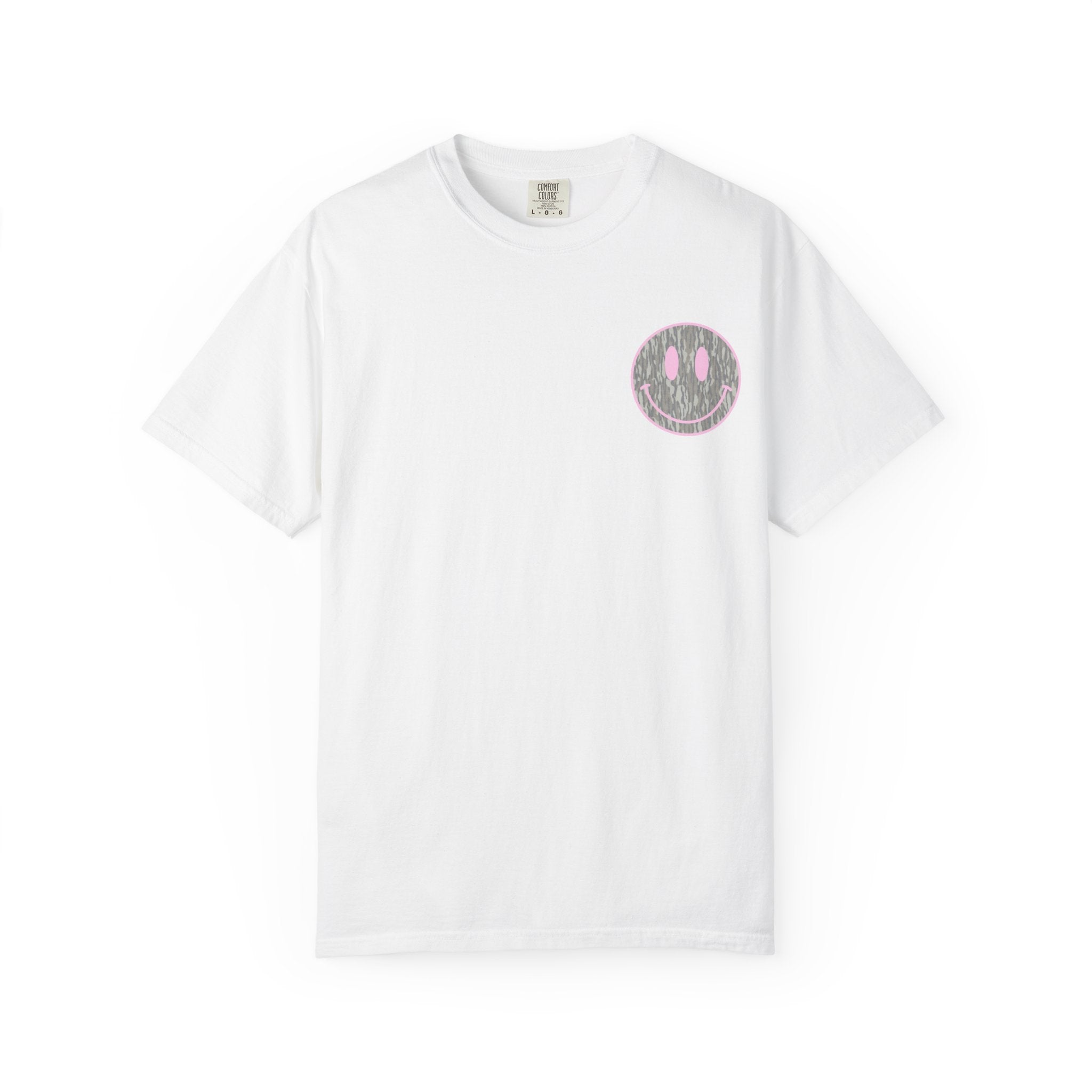 Smiley Camo T-Shirt — Pink Outline Woodland Smile Graphic Tee