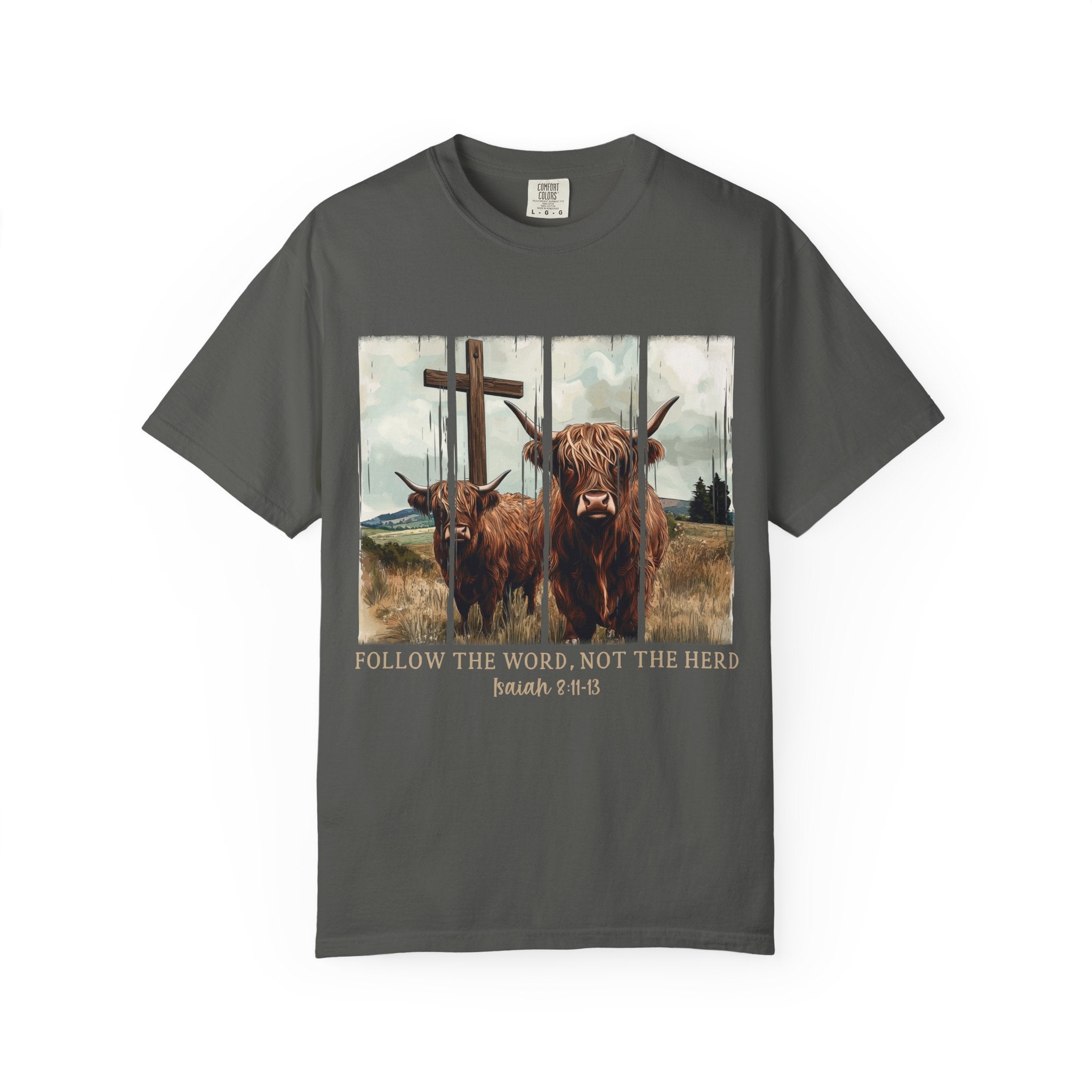 Christian Highland Cow T-Shirt — "Follow the Word, Not the Herd" Faith Tee